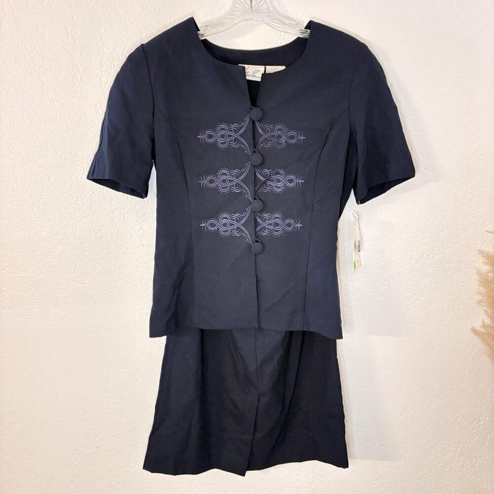 Vintage 90s Kathie Lee 2 Piece Top And Skirt Set Embroidered Navy Blue Sz 10